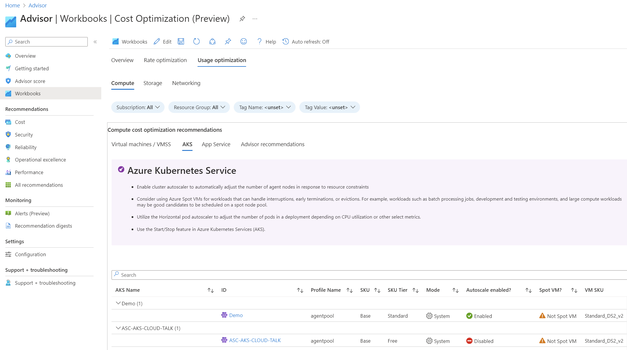 Capture d’écran montrant la section Optimisation de l’utilisation pour AKS.