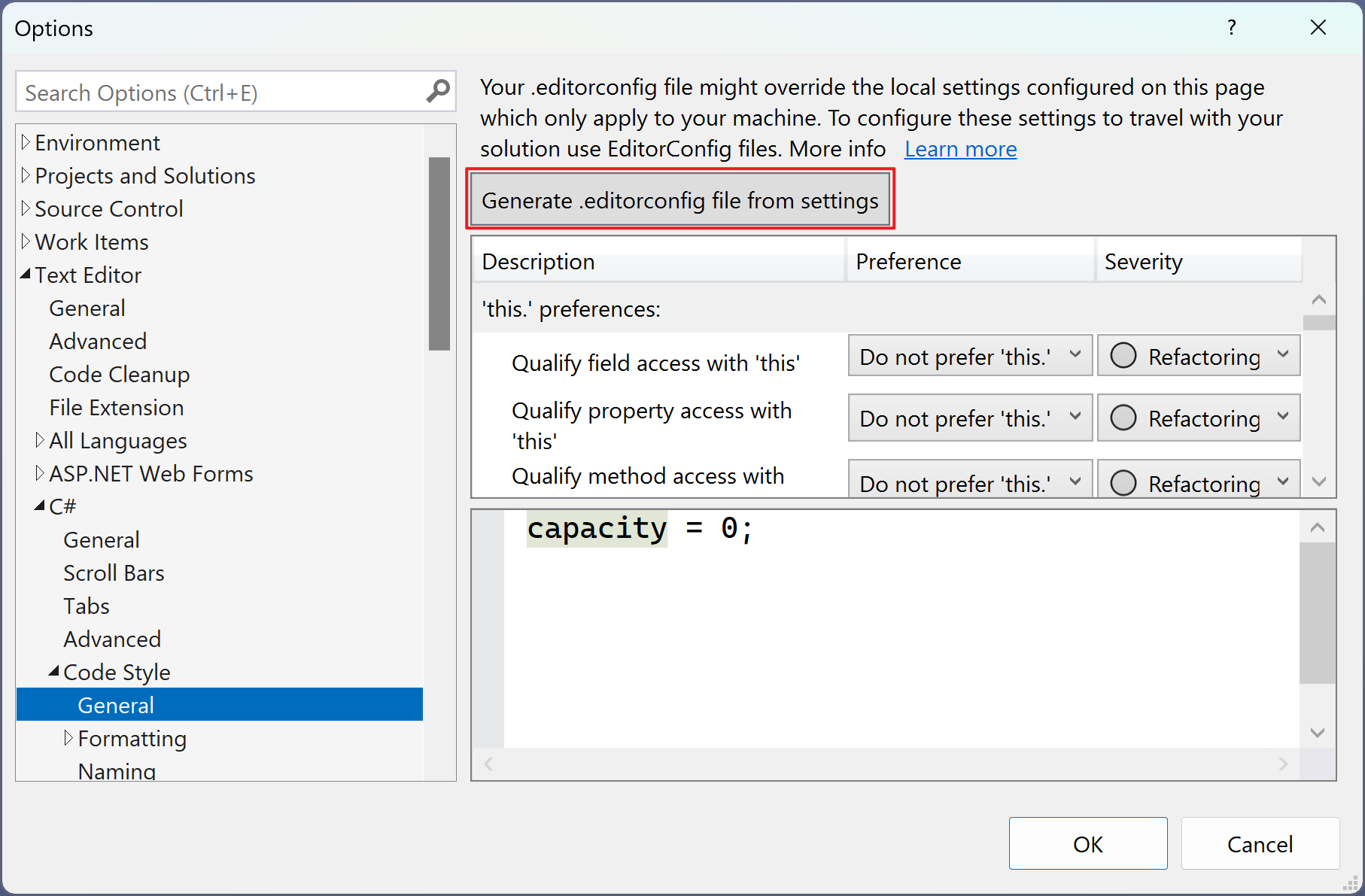 Generate .editorconfig file