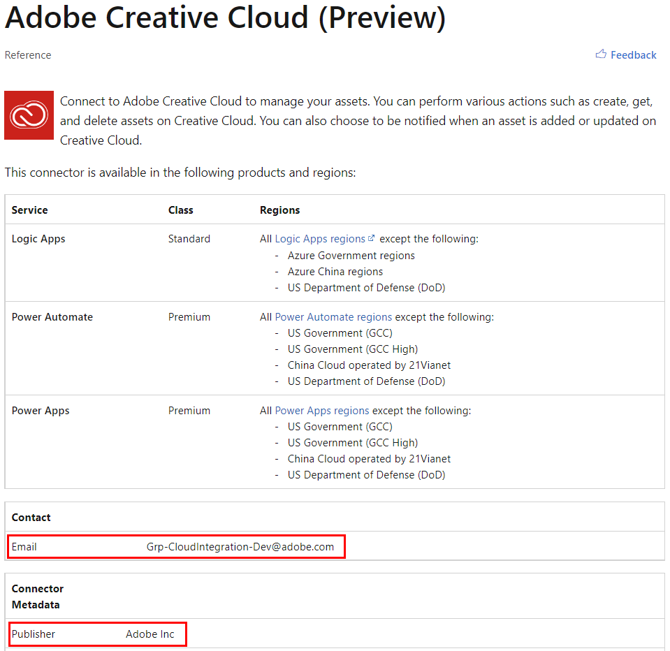 Capture d’écran de l’emplacement de l’e-mail du contact et de l’éditeur dans le connecteur Adobe Creative Cloud (version préliminaire).