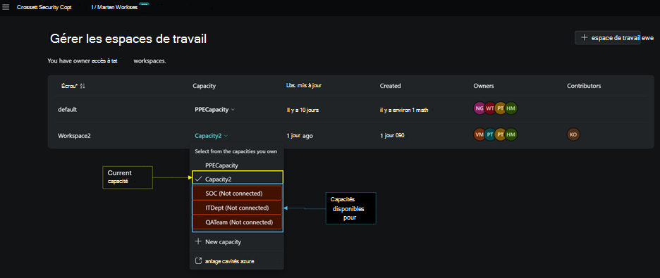 Image de la page d’attribution et de changement de capacités.
