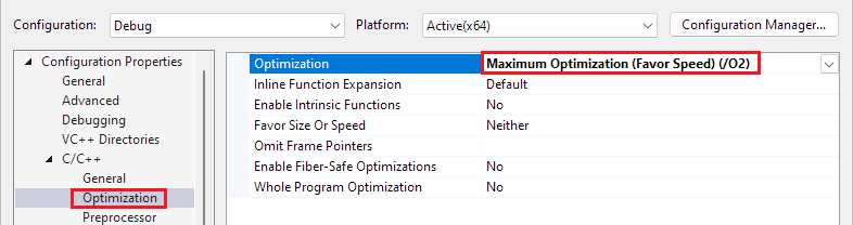 Capture d’écran le boîte de dialogue des pages propriétés du projet. Les paramètres sont ouverts aux propriétés de configuration > , optimisation > C/C++. La liste déroulante Optimisation est définie sur Optimisation maximale (Favoriser la vitesse) (/O2).