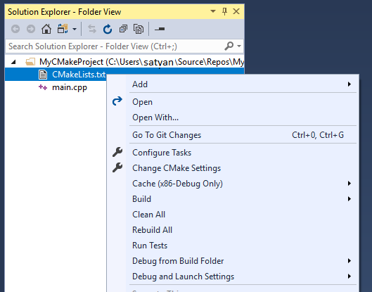 Capture d’écran de l’Explorateur de solutions Visual Studio après avoir cliqué avec le bouton droit sur CMakeLists.txt.