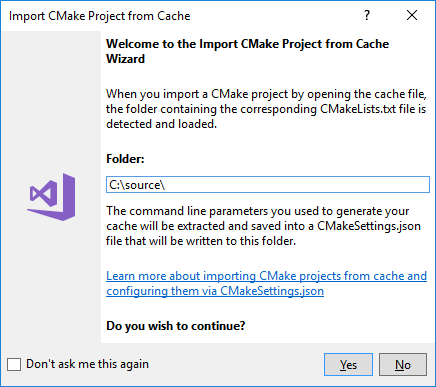 Capture d’écran de l’Assistant Importation de projet CMake à partir du cache. Le chemin d’accès au répertoire du projet CMake à importer est placé dans la zone de texte « dossier ».
