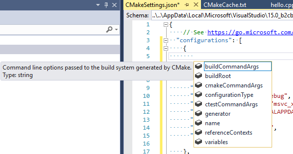 Capture d’écran de la fenêtre contextuelle CMake JSON IntelliSense dans l’éditeur.