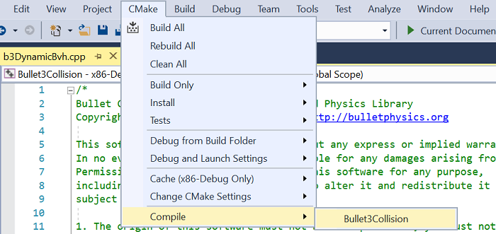 Capture d’écran du menu contextuel CMake > Compiler. Il contient une entrée : Bullet3Collision.