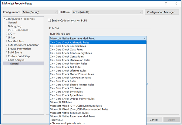 Dropdown for additional C++ Core Check rule sets.