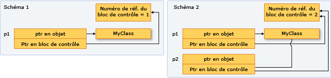 Diagramme montrant deux instances de shared_ptr pointant vers un même emplacement mémoire.