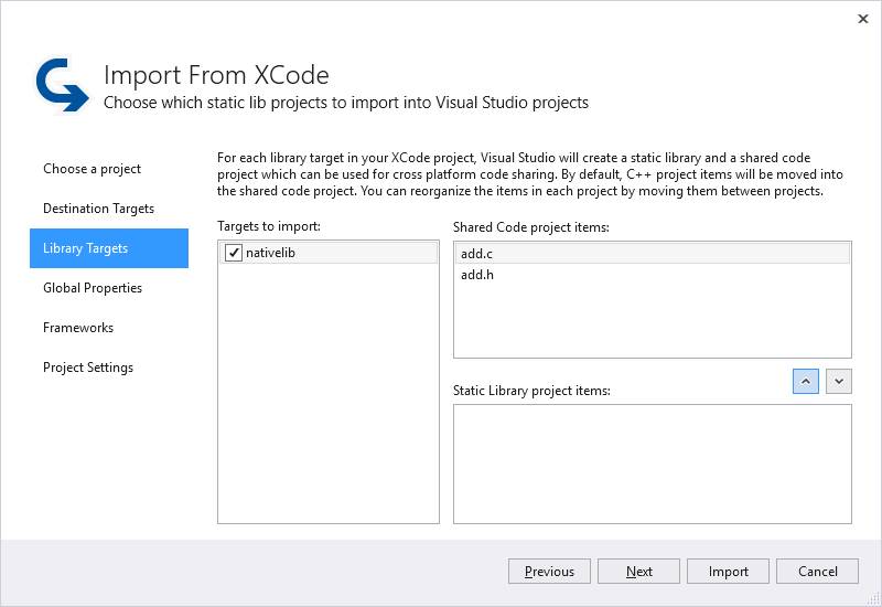 Import from Xcode Library Targets pane.