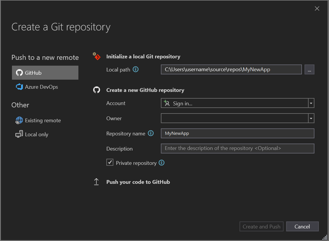 Capture d’écran de la boîte de dialogue Create a Git Repository (Créer un dépôt Git) dans laquelle vous créez un dépôt GitHub.