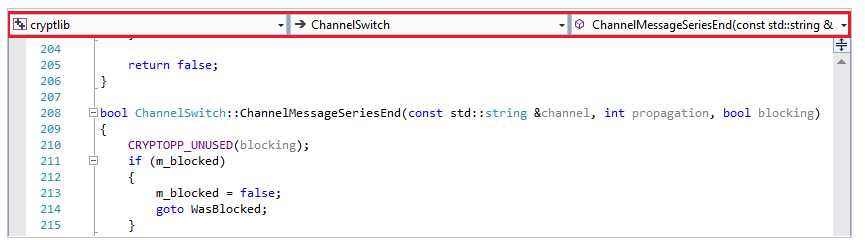 Capture d’écran de la barre de navigation au-dessus de la fenêtre de l’éditeur. Elle affiche cryptlib > ChannelSwitch > ChannelMessageSeriesEnd().