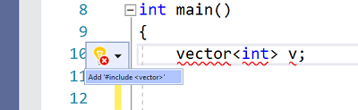 Capture d’écran d’une erreur et du correctif rapide proposé pour # include vector.