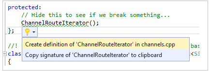 Capture d’écran montrant le correctif rapide avec l’option Create definition of Channel Route Iterator in channels dot C++ mise en évidence.