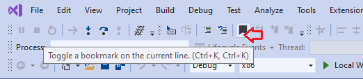 Capture d’écran du pointage sur l’icône de signet. L’info-bulle indique : « Toggle a bookmark on the current line » (Activer/désactiver un signet sur la ligne active), ainsi que le raccourci clavier Ctrl+K.