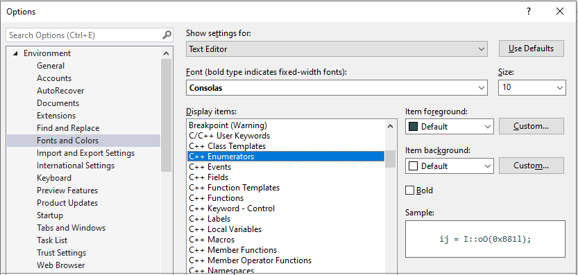 Capture d’écran des options de police et de couleur C++ montrant que vous pouvez définir des couleurs pour des éléments de code C++ tels que des énumérations, des fonctions, des mots clés, des macros, etc.