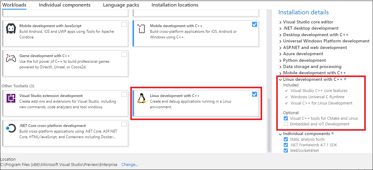 Screenshot highlighting the Visual C++ for Linux Development workload item in Visual Studio Installer.