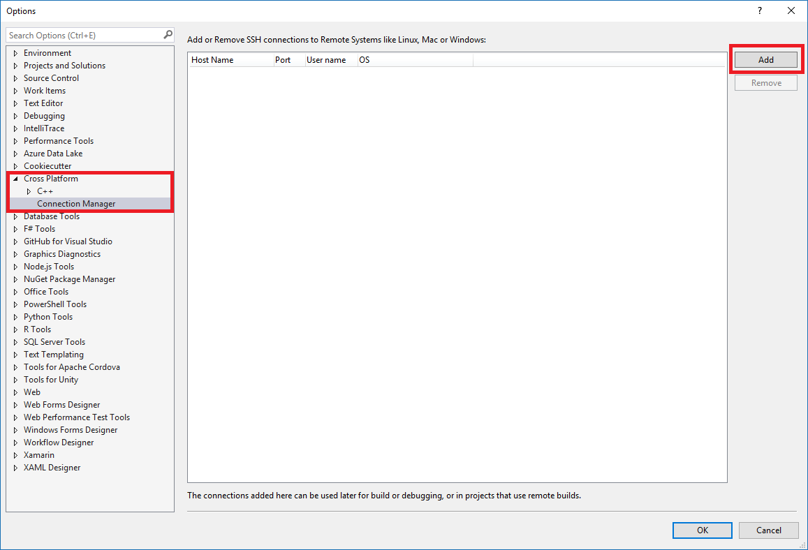 Capture d’écran du volet Options de Visual Studio. CrossPlatform > C++ > Connecter ion Manager est sélectionné et le bouton Ajouter est mis en surbrillance.