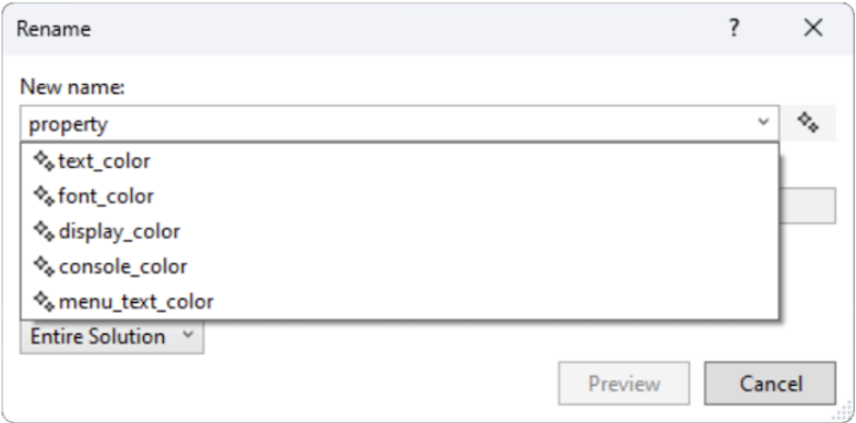 Capture d'écran de la boîte de dialogue Renommer de GitHub Copilot.