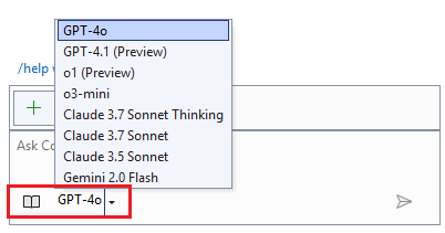 Capture d’écran de la fenêtre de conversation GitHub Copilot avec la liste déroulante Sélecteur de modèles mise en surbrillance.