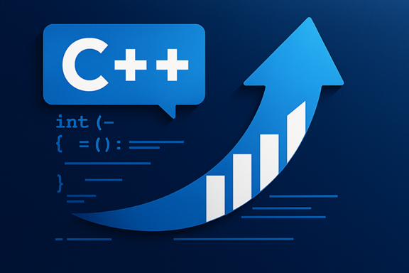 Le logo C++ avec une flèche vers le haut et du code abstrait sur un arrière-plan bleu suggère des améliorations de la mise à niveau.