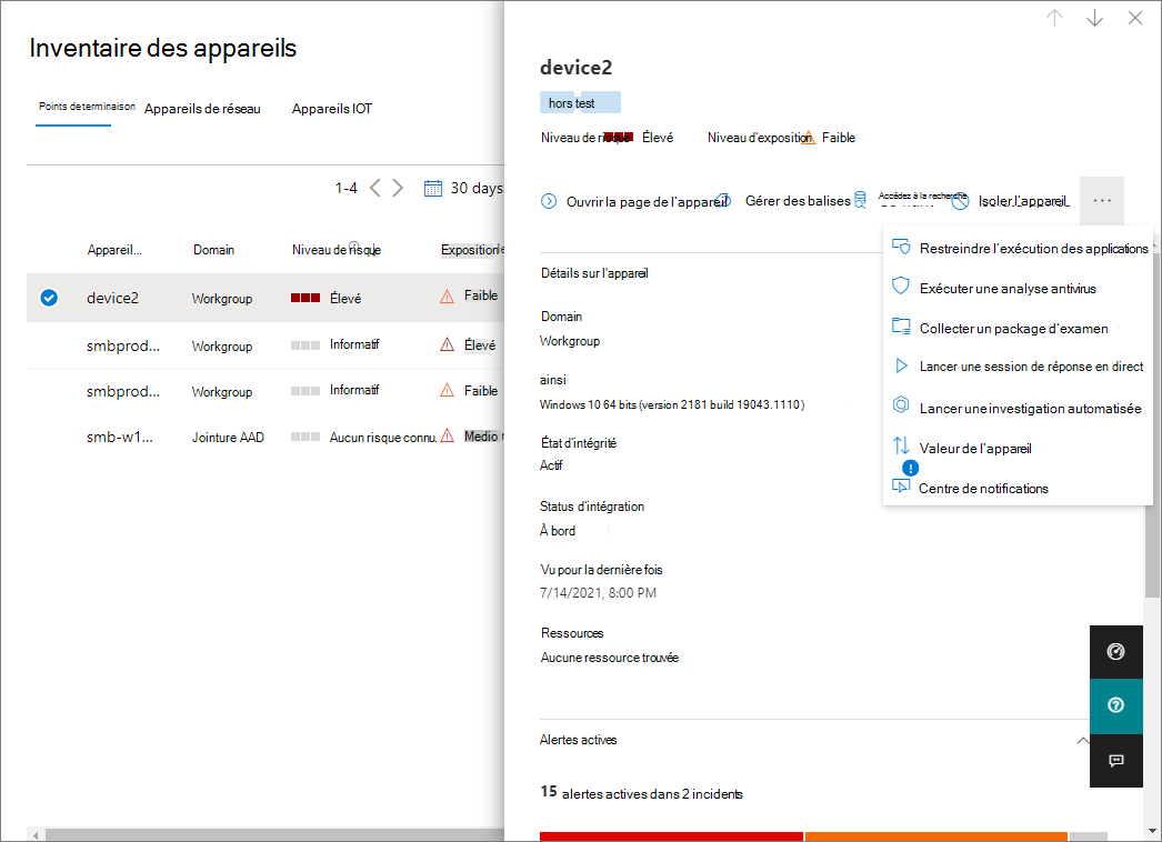 Capture d’écran d’un appareil sélectionné avec les détails et les actions disponibles.