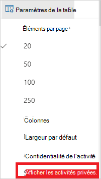 Capture d’écran du contrôle des paramètres du journal d’activité utilisé pour ouvrir les paramètres de vue de la confidentialité.
