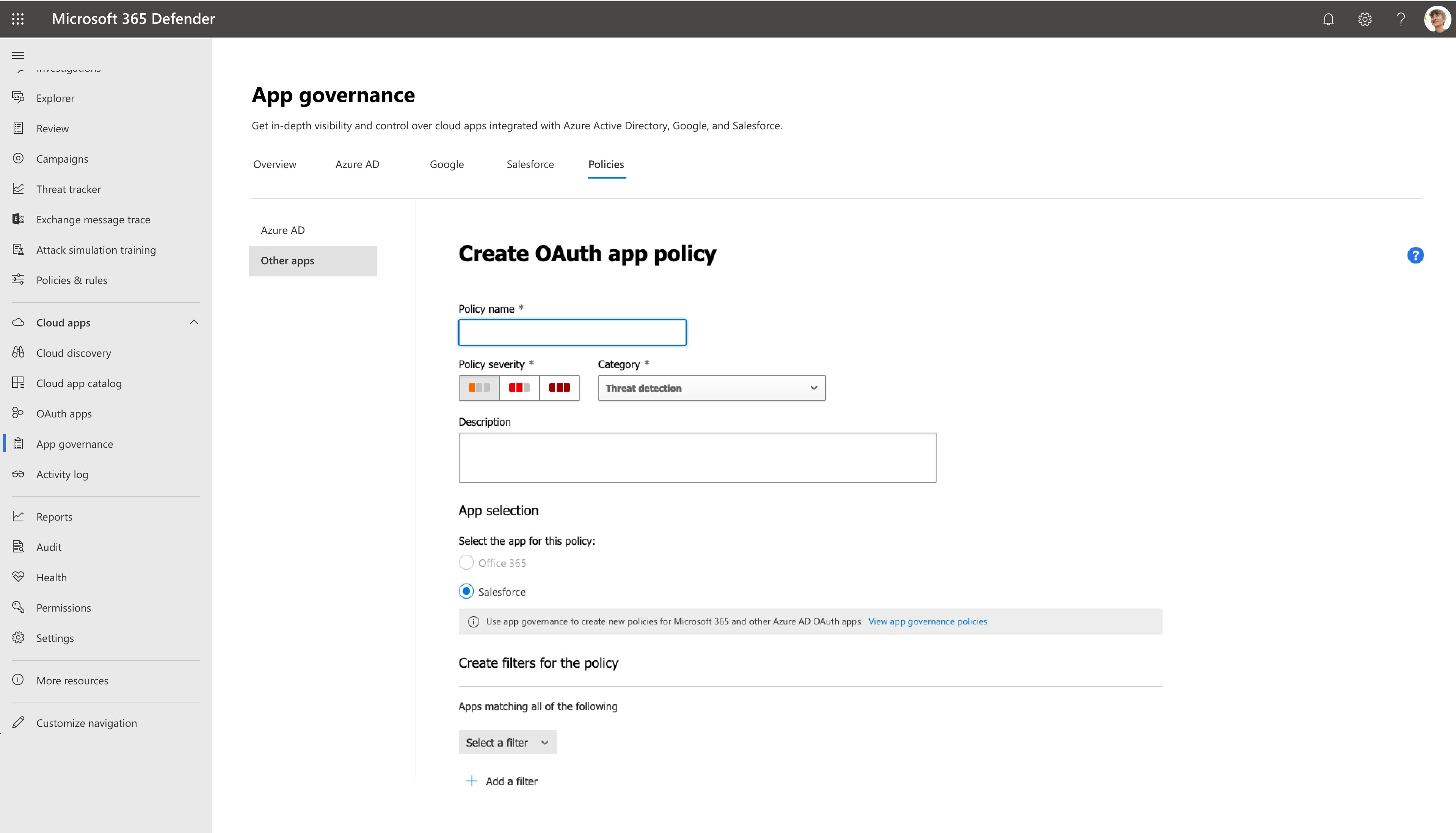 Capture d’écran de la page de création de stratégie pour d’autres applications dans App Governance