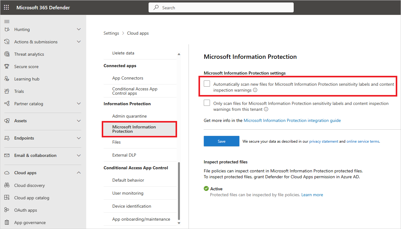 Activer la protection des informations Microsoft Purview.