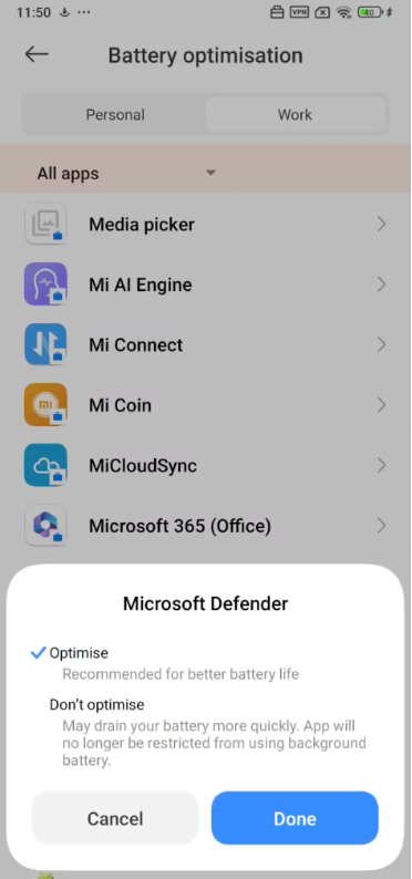 Image de la liste déroulante Microsoft Defende Optimize
