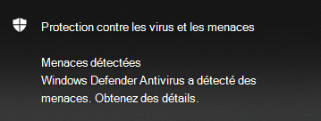 Microsoft Defender notification menaces antivirus détectées fournit des options pour obtenir des détails