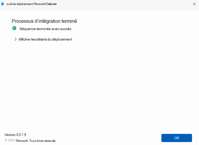 Capture d’écran montrant le message indiquant que l’intégration est terminée.
