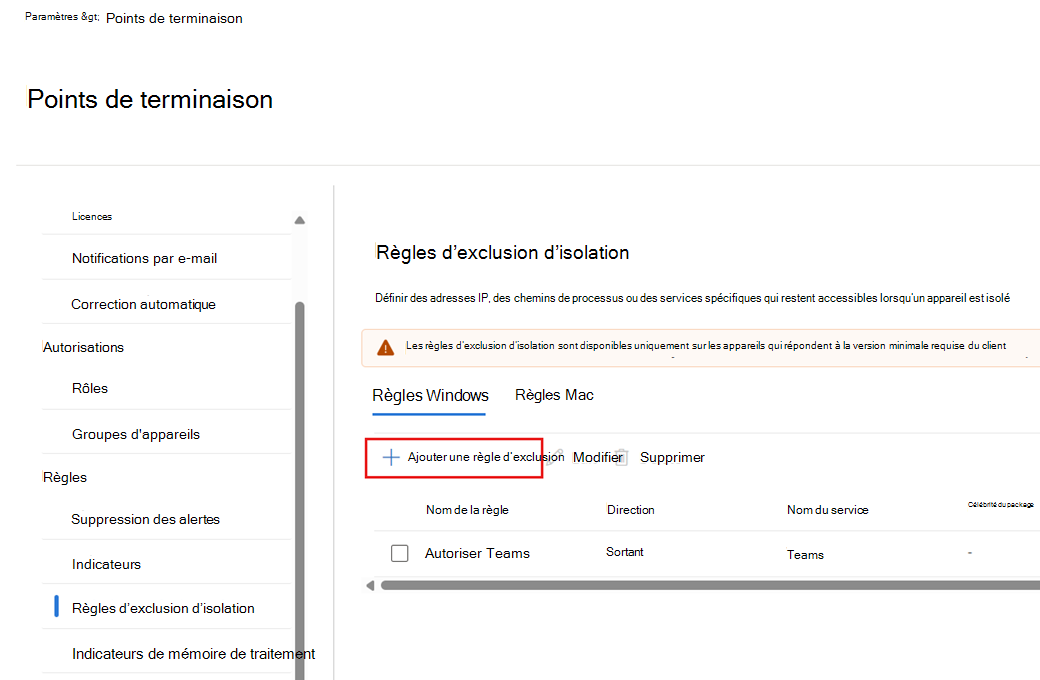 Capture d’écran montrant comment ajouter une nouvelle règle d’exclusion d’isolation.