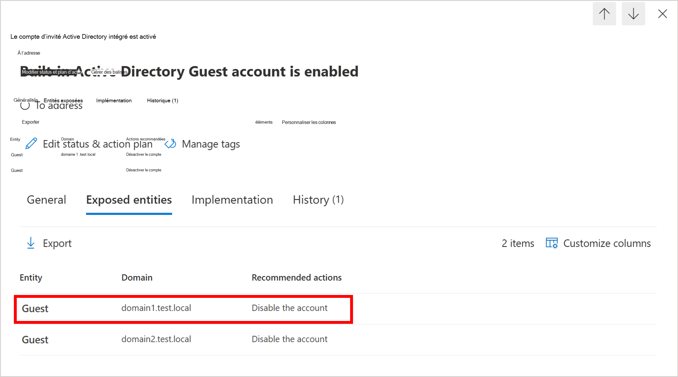 Capture d’écran montrant que le compte Active Directory intégré est activé.