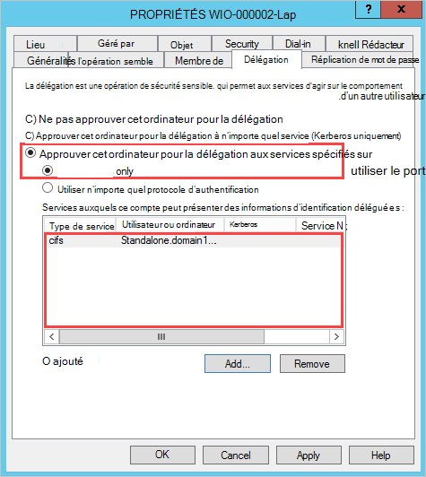 Capture d’écran montrant l’option permettant d’approuver cet ordinateur pour la délégation aux services spécifiés uniquement.