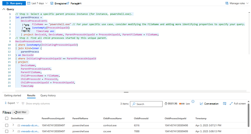 Capture d’écran des exemples de résultats de requête pour obtenir des processus uniques dans le portail Microsoft Defender.