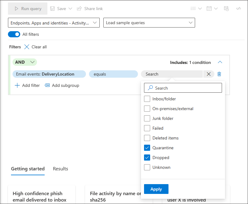 Capture d’écran d’une liste fermée utilisée comme troisième condition