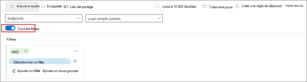 Capture d’écran de tous les filtres actifs du générateur de requêtes en mode guidé