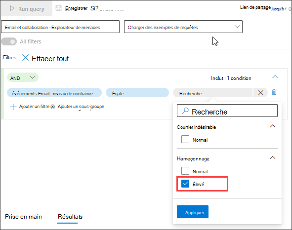 Capture d’écran des e-mails de hameçonnage ou de courrier indésirable du générateur de requêtes en mode guidé remis à la boîte de réception, première condition