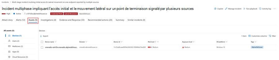 Page Ressources d’un incident dans le portail Microsoft Defender