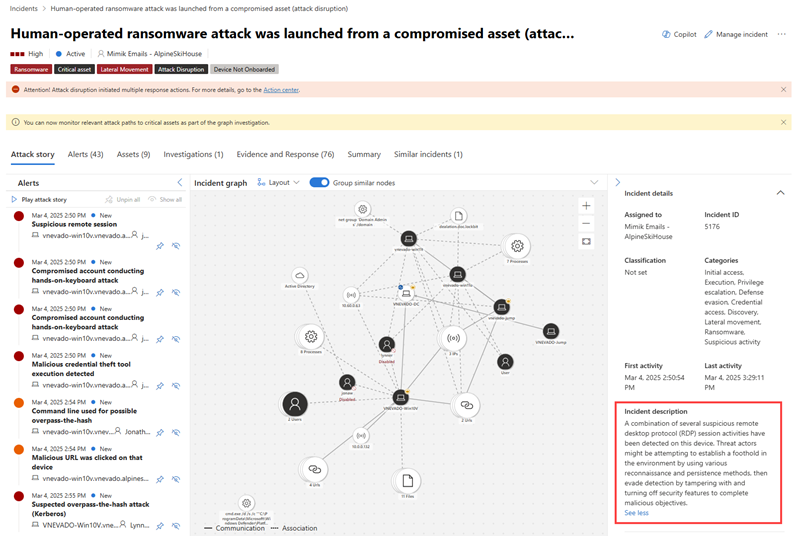 Exemple de détails d’incident où la description est mise en surbrillance.
