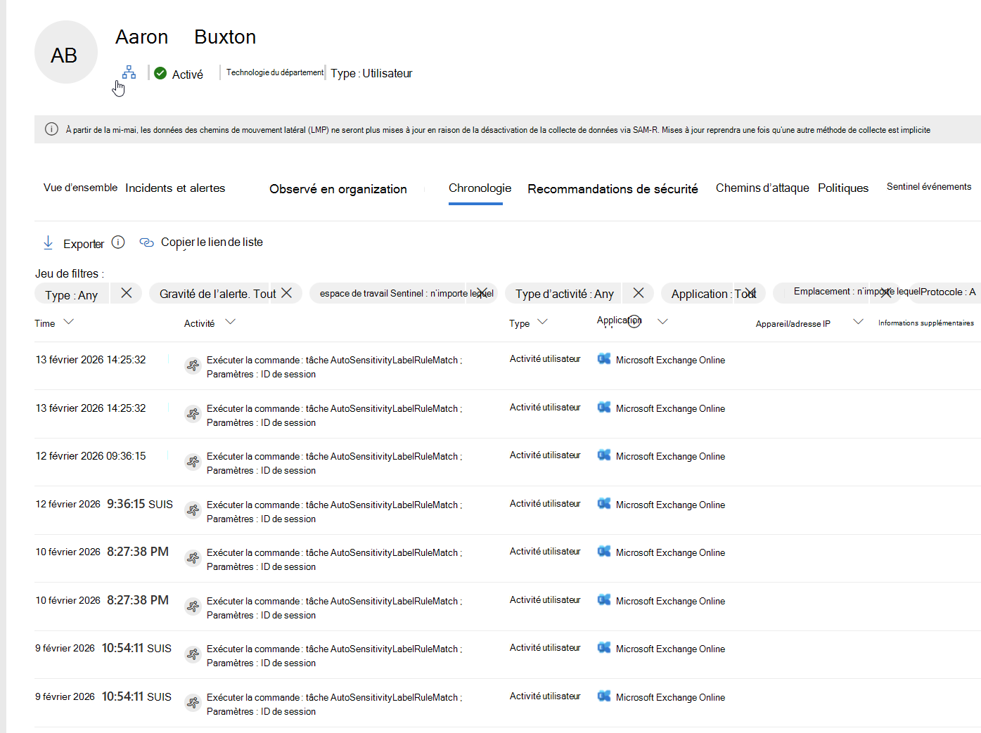 Capture d’écran de l’onglet Chronologie dans la page Identité dans Microsoft Defender.