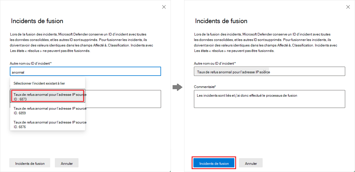 Capture d’écran du panneau de fusion des incidents à partir de la page d’incident.