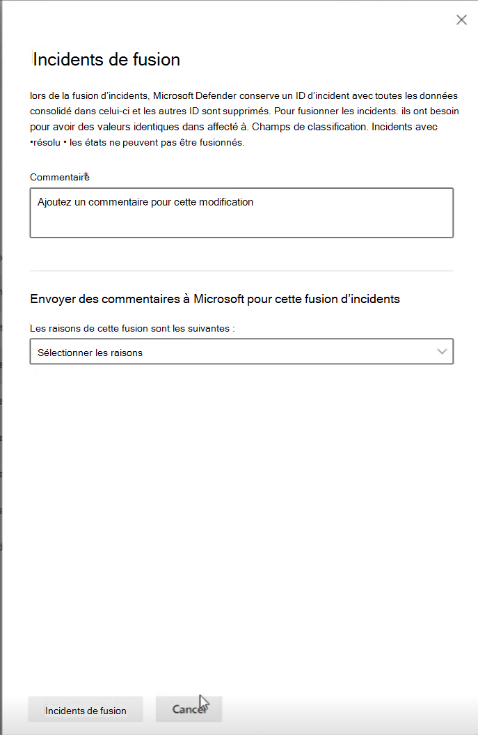 Capture d’écran de la fusion d’incidents à partir de la file d’attente.
