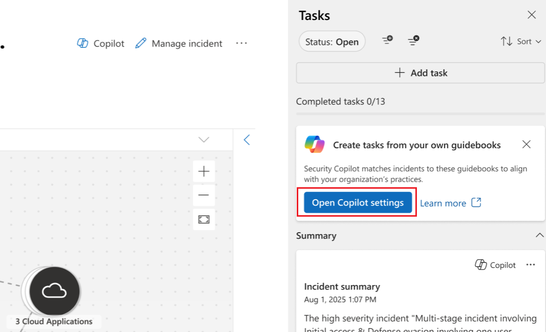 Capture d’écran de l’ouverture des paramètres Copilot à partir du volet Tâches.