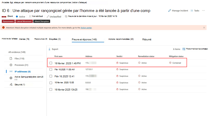 Mise en surbrillance d’une adresse IP contenue sous l’onglet Preuve et réponse d’un incident.