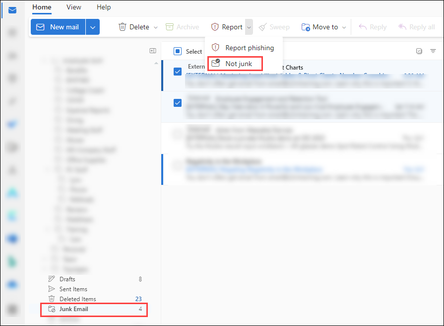 Résultats de la sélection du bouton Rapport après avoir sélectionné plusieurs messages dans le dossier Email indésirable dans Outlook sur le web.
