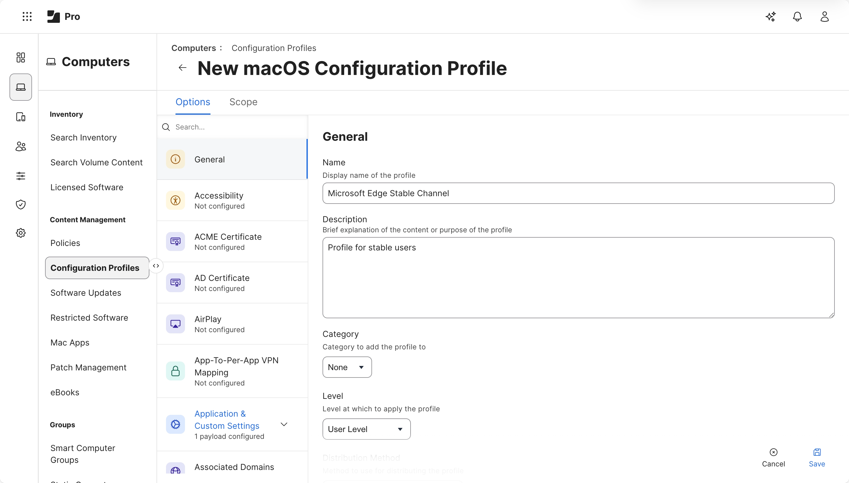Configuration de la section Général