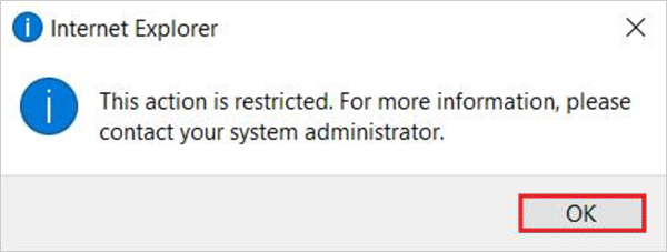 Alerte lors de la tentative d’ouverture d’IE après qu’une redirection vers Microsoft Edge est active.