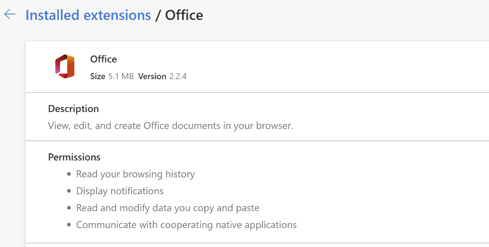 Extension Microsoft Office avec des autorisations.