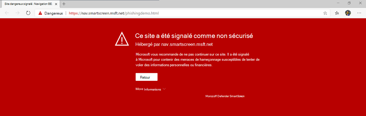 Page de blocage de Microsoft Defender SmartScreen relative à un lien vers un site externe