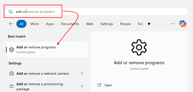 Menu «&nbsp;Démarrer&nbsp;» de Windows affichant le texte «&nbsp;Ajouter ou Supprimer&nbsp;» pour filtrer les résultats de la recherche